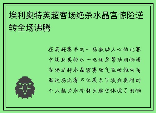埃利奥特英超客场绝杀水晶宫惊险逆转全场沸腾 埃利奥特英超客场绝杀水晶宫惊险逆转全场沸腾