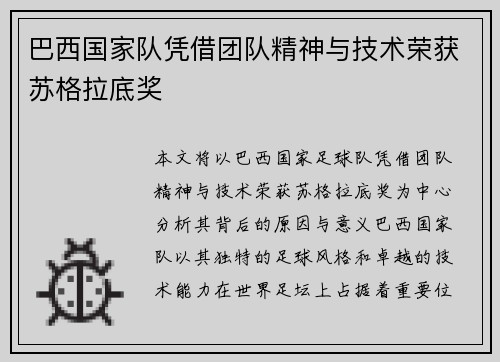 巴西国家队凭借团队精神与技术荣获苏格拉底奖 巴西国家队凭借团队精神与技术荣获苏格拉底奖