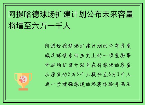 阿提哈德球场扩建计划公布未来容量将增至六万一千人